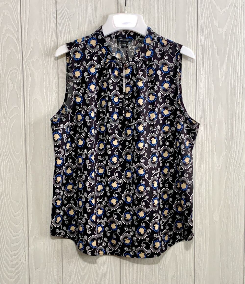 Ann Taylor Black Sleeveless V-Neck Floral Top Medium NWT